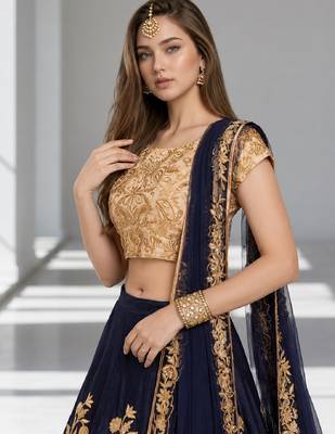 NAVY BLUE SEQUINS & EMBROIDERED VELVET FESTIVAL LEHENGA CHOLI SET FOR WOMEN'S 5