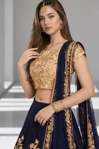 NAVY BLUE SEQUINS & EMBROIDERED VELVET FESTIVAL LEHENGA CHOLI SET FOR WOMEN'S