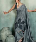 Grey printed cotton silk saree with blouse