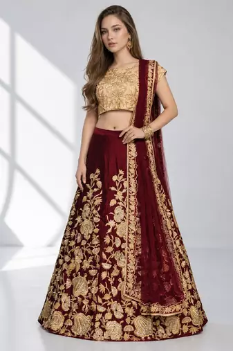 MAROON SEQUINS & EMBROIDERED VELVET FESTIVAL LEHENGA CHOLI SET FOR WOMEN'S