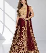MAROON SEQUINS & EMBROIDERED VELVET FESTIVAL LEHENGA CHOLI SET FOR WOMEN'S