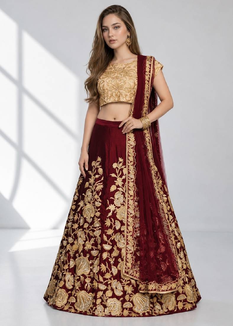 MAROON SEQUINS & EMBROIDERED VELVET FESTIVAL LEHENGA CHOLI SET FOR WOMEN'S
