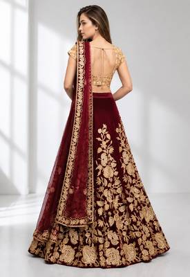 MAROON SEQUINS & EMBROIDERED VELVET FESTIVAL LEHENGA CHOLI SET FOR WOMEN'S 2