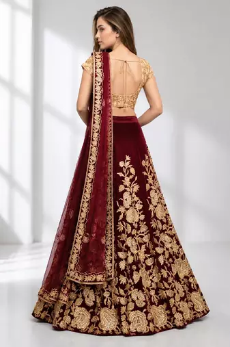 MAROON SEQUINS & EMBROIDERED VELVET FESTIVAL LEHENGA CHOLI SET FOR WOMEN'S