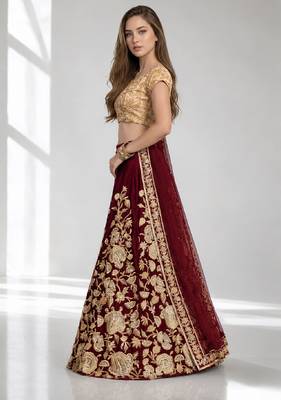 MAROON SEQUINS & EMBROIDERED VELVET FESTIVAL LEHENGA CHOLI SET FOR WOMEN'S 3