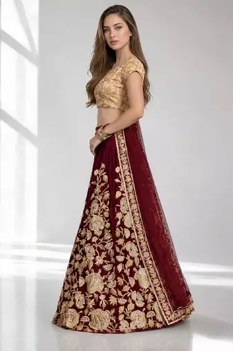 MAROON SEQUINS & EMBROIDERED VELVET FESTIVAL LEHENGA CHOLI SET FOR WOMEN'S