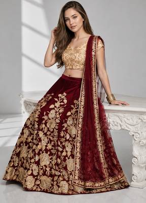 MAROON SEQUINS & EMBROIDERED VELVET FESTIVAL LEHENGA CHOLI SET FOR WOMEN'S 4