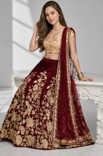 MAROON SEQUINS & EMBROIDERED VELVET FESTIVAL LEHENGA CHOLI SET FOR WOMEN'S