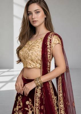 MAROON SEQUINS & EMBROIDERED VELVET FESTIVAL LEHENGA CHOLI SET FOR WOMEN'S 5