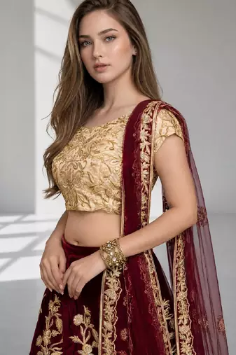 MAROON SEQUINS & EMBROIDERED VELVET FESTIVAL LEHENGA CHOLI SET FOR WOMEN'S