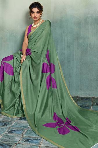 Mehendi printed cotton silk saree with blouse