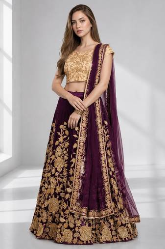 PURPLE SEQUINS & EMBROIDERED VELVET FESTIVAL LEHENGA CHOLI SET FOR WOMEN'S