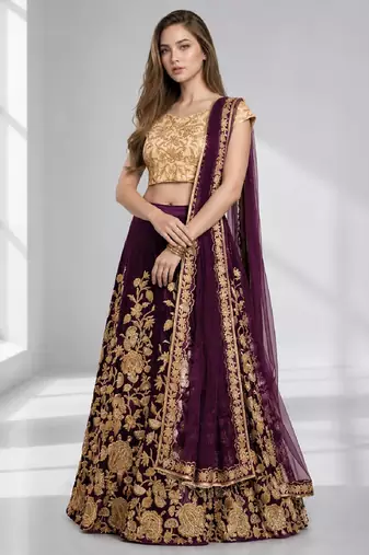 PURPLE SEQUINS & EMBROIDERED VELVET FESTIVAL LEHENGA CHOLI SET FOR WOMEN'S