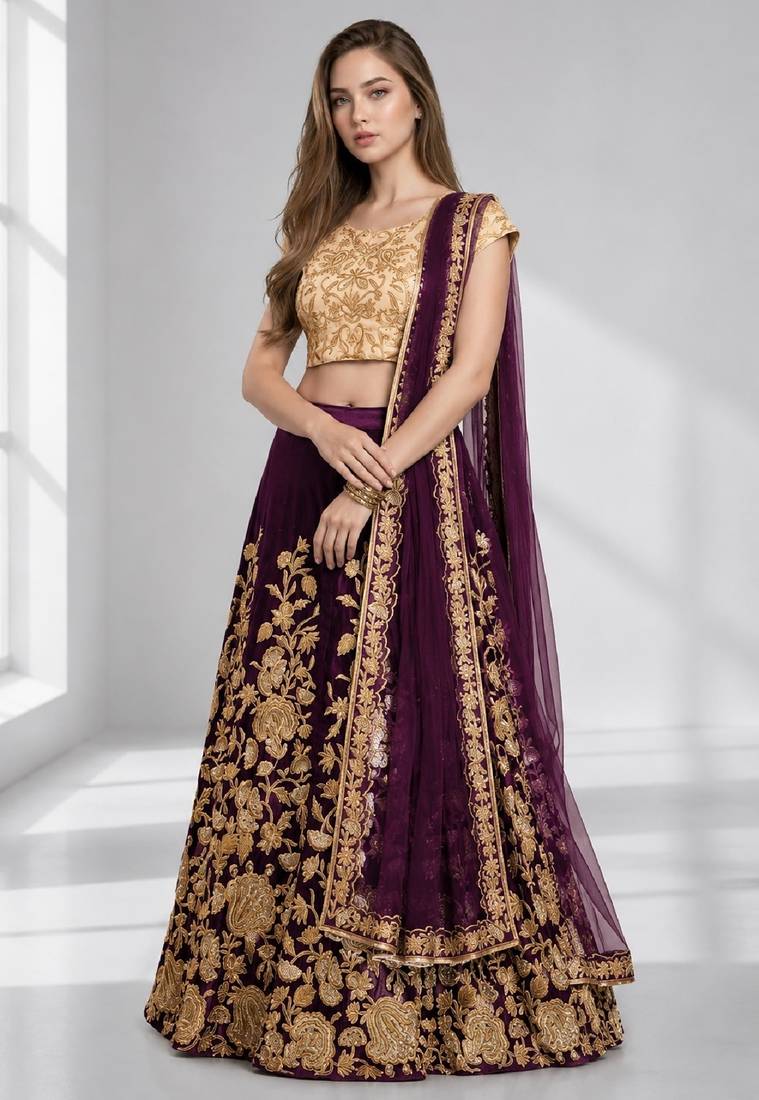 PURPLE SEQUINS & EMBROIDERED VELVET FESTIVAL LEHENGA CHOLI SET FOR WOMEN'S