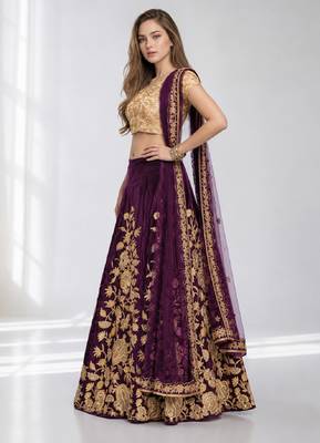 PURPLE SEQUINS & EMBROIDERED VELVET FESTIVAL LEHENGA CHOLI SET FOR WOMEN'S 3