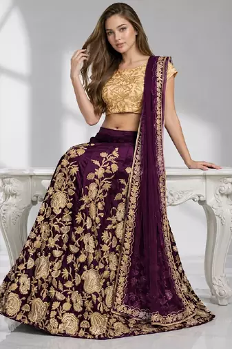 PURPLE SEQUINS & EMBROIDERED VELVET FESTIVAL LEHENGA CHOLI SET FOR WOMEN'S
