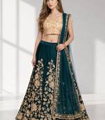 TURQUOISE SEQUINS & EMBROIDERED VELVET FESTIVAL LEHENGA CHOLI SET FOR WOMEN'S