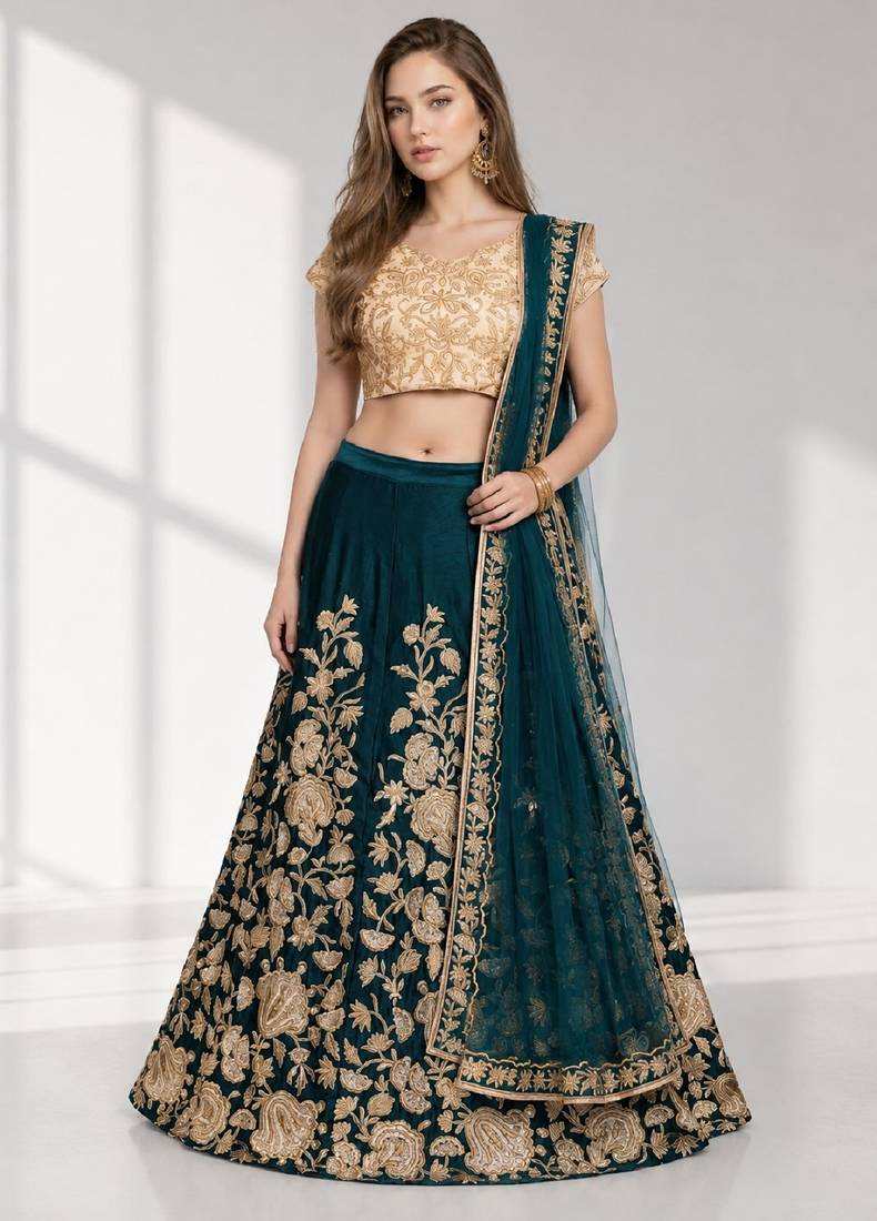 TURQUOISE SEQUINS & EMBROIDERED VELVET FESTIVAL LEHENGA CHOLI SET FOR WOMEN'S