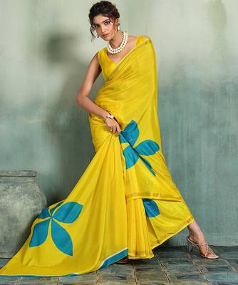 Yellow printed cotton silk saree with blouse 1