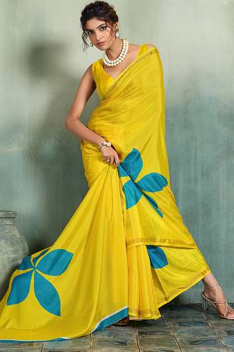 Yellow printed cotton silk saree with blouse