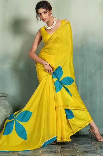 Yellow printed cotton silk saree with blouse
