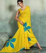 Yellow printed cotton silk saree with blouse