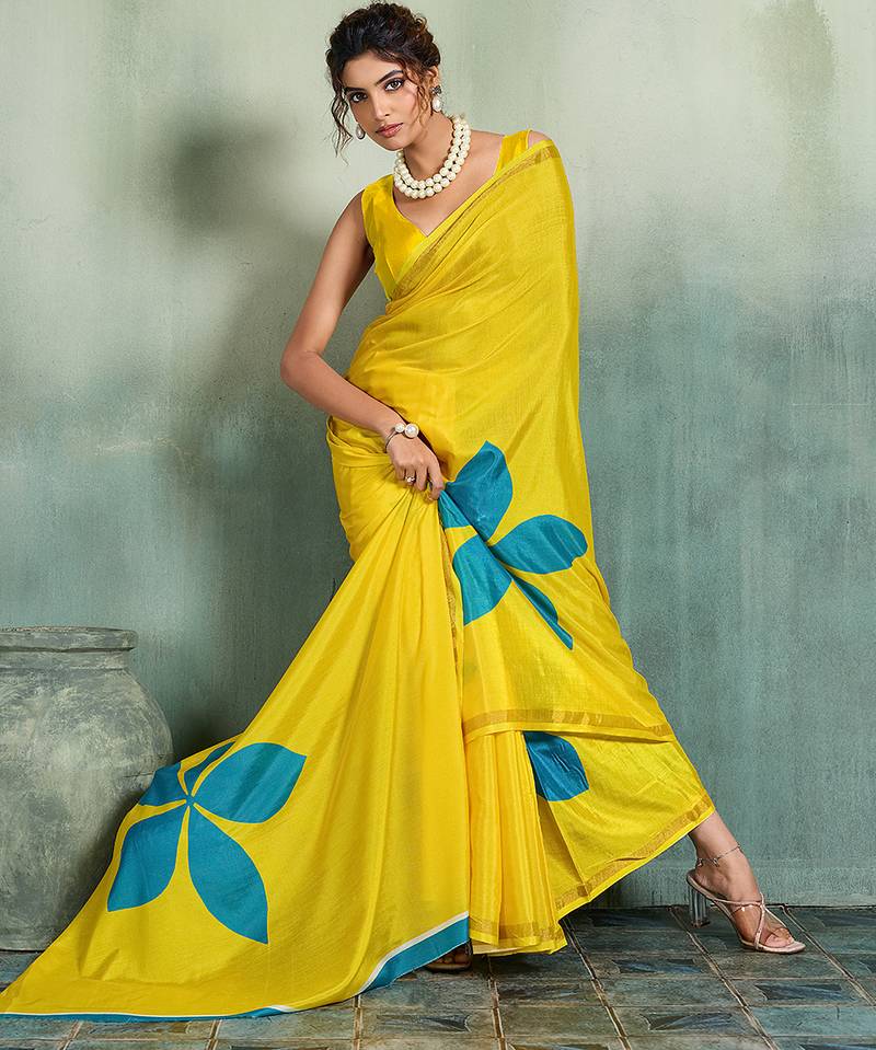 Yellow printed cotton silk saree with blouse