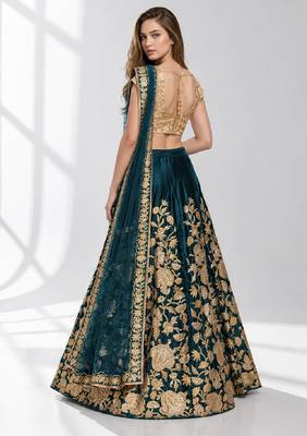 TURQUOISE SEQUINS & EMBROIDERED VELVET FESTIVAL LEHENGA CHOLI SET FOR WOMEN'S 2