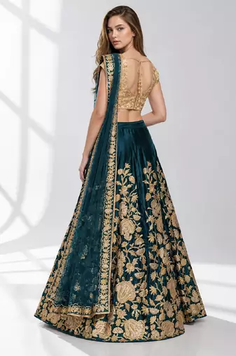 TURQUOISE SEQUINS & EMBROIDERED VELVET FESTIVAL LEHENGA CHOLI SET FOR WOMEN'S