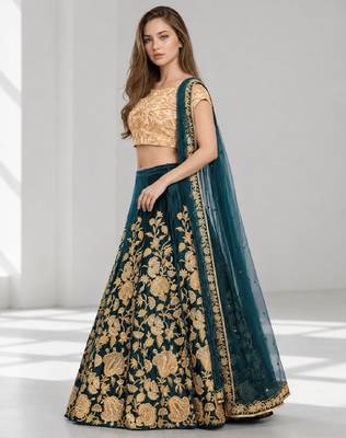 TURQUOISE SEQUINS & EMBROIDERED VELVET FESTIVAL LEHENGA CHOLI SET FOR WOMEN'S 3