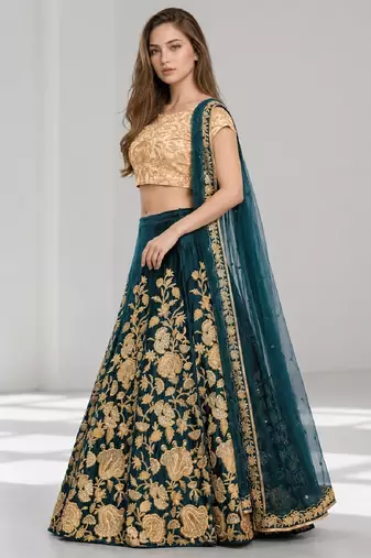 TURQUOISE SEQUINS & EMBROIDERED VELVET FESTIVAL LEHENGA CHOLI SET FOR WOMEN'S