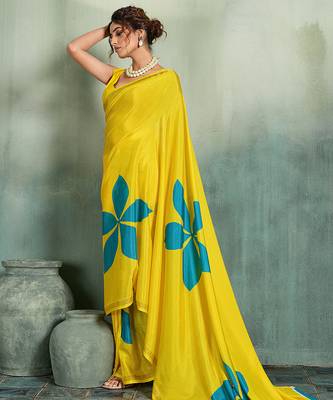 Yellow printed cotton silk saree with blouse 3