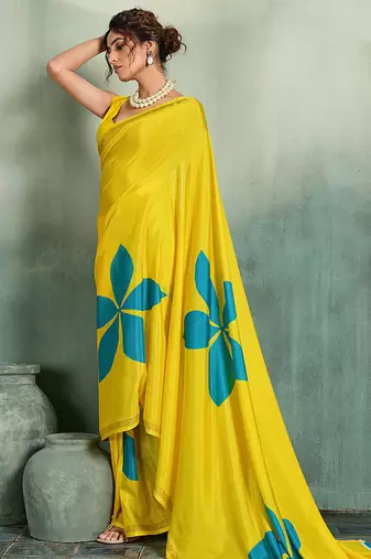 Yellow printed cotton silk saree with blouse