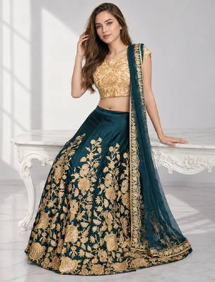 TURQUOISE SEQUINS & EMBROIDERED VELVET FESTIVAL LEHENGA CHOLI SET FOR WOMEN'S 4