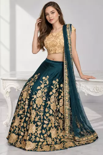 TURQUOISE SEQUINS & EMBROIDERED VELVET FESTIVAL LEHENGA CHOLI SET FOR WOMEN'S
