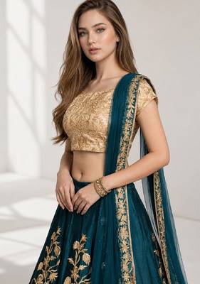 TURQUOISE SEQUINS & EMBROIDERED VELVET FESTIVAL LEHENGA CHOLI SET FOR WOMEN'S 5