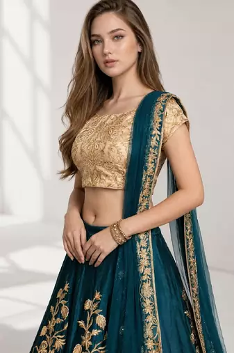 TURQUOISE SEQUINS & EMBROIDERED VELVET FESTIVAL LEHENGA CHOLI SET FOR WOMEN'S