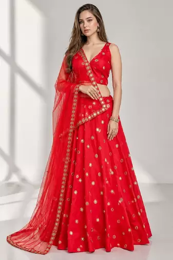 RED MIRROR & EMBROIDERED ART SILK FESTIVAL LEHENGA CHOLI SET FOR WOMEN'S