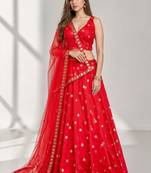 RED MIRROR & EMBROIDERED ART SILK FESTIVAL LEHENGA CHOLI SET FOR WOMEN'S