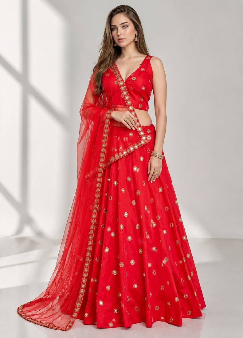 RED MIRROR & EMBROIDERED ART SILK FESTIVAL LEHENGA CHOLI SET FOR WOMEN'S