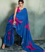 Blue printed cotton silk saree with blouse