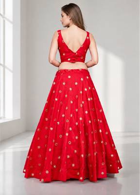 RED MIRROR & EMBROIDERED ART SILK FESTIVAL LEHENGA CHOLI SET FOR WOMEN'S 2