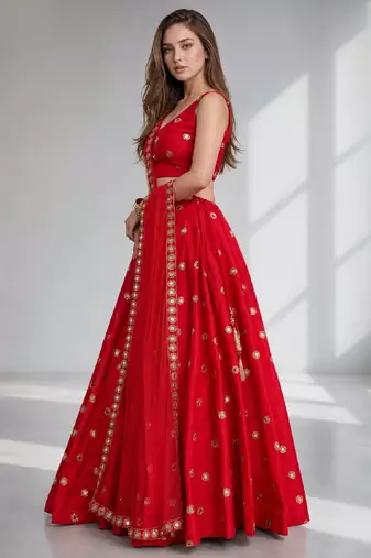 RED MIRROR & EMBROIDERED ART SILK FESTIVAL LEHENGA CHOLI SET FOR WOMEN'S