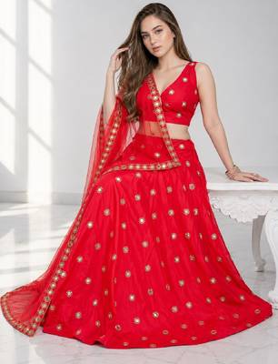RED MIRROR & EMBROIDERED ART SILK FESTIVAL LEHENGA CHOLI SET FOR WOMEN'S 4