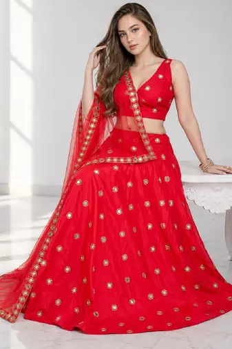 RED MIRROR & EMBROIDERED ART SILK FESTIVAL LEHENGA CHOLI SET FOR WOMEN'S