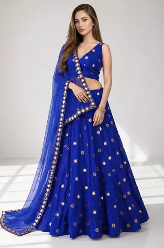 LIGHT BLUE MIRROR & EMBROIDERED ART SILK FESTIVAL LEHENGA CHOLI SET FOR WOMEN'S