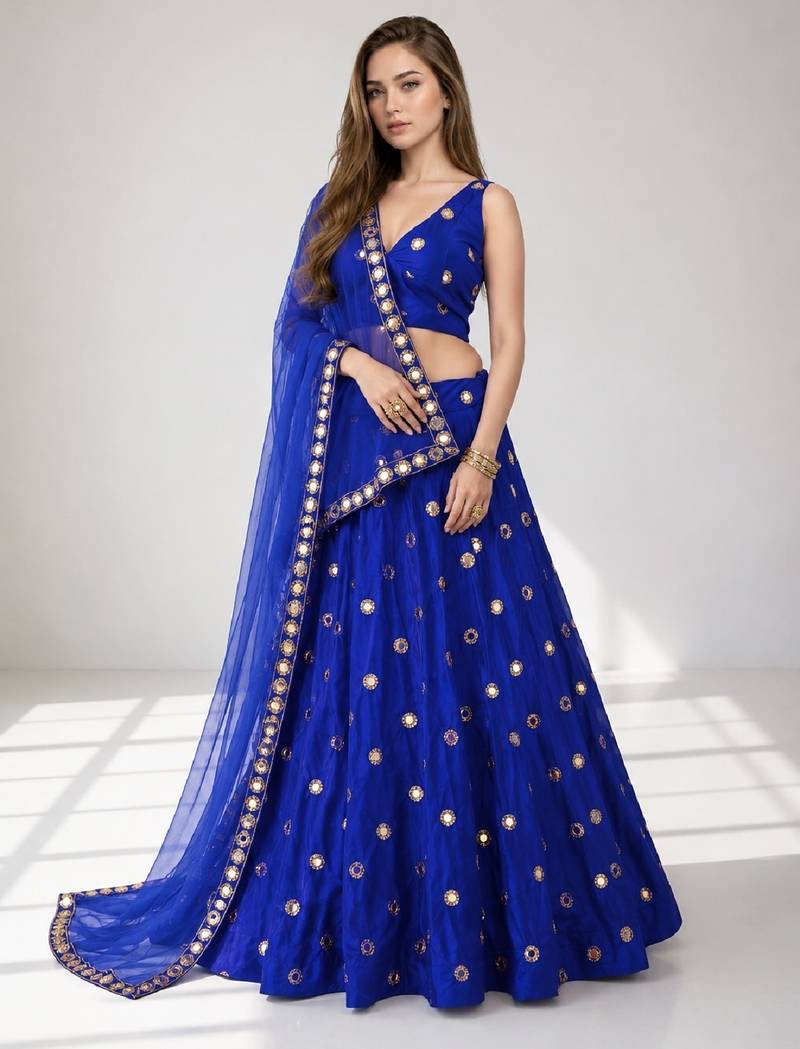 LIGHT BLUE MIRROR & EMBROIDERED ART SILK FESTIVAL LEHENGA CHOLI SET FOR WOMEN'S