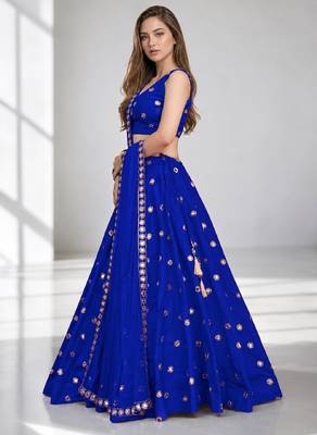 LIGHT BLUE MIRROR & EMBROIDERED ART SILK FESTIVAL LEHENGA CHOLI SET FOR WOMEN'S 3