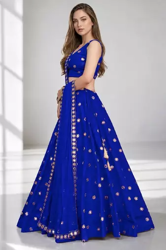 LIGHT BLUE MIRROR & EMBROIDERED ART SILK FESTIVAL LEHENGA CHOLI SET FOR WOMEN'S
