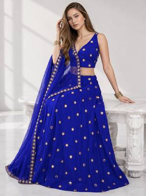 LIGHT BLUE MIRROR & EMBROIDERED ART SILK FESTIVAL LEHENGA CHOLI SET FOR WOMEN'S 4